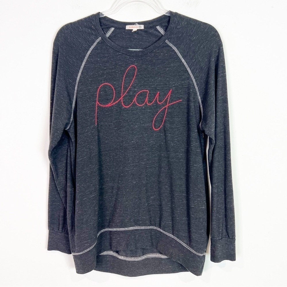 SUNDRY BLACK SPACE DYE LONG RAGLAN SLEEVE EMBROIDERED PLAY SWEATSHIRT SZ 1/SMALL
